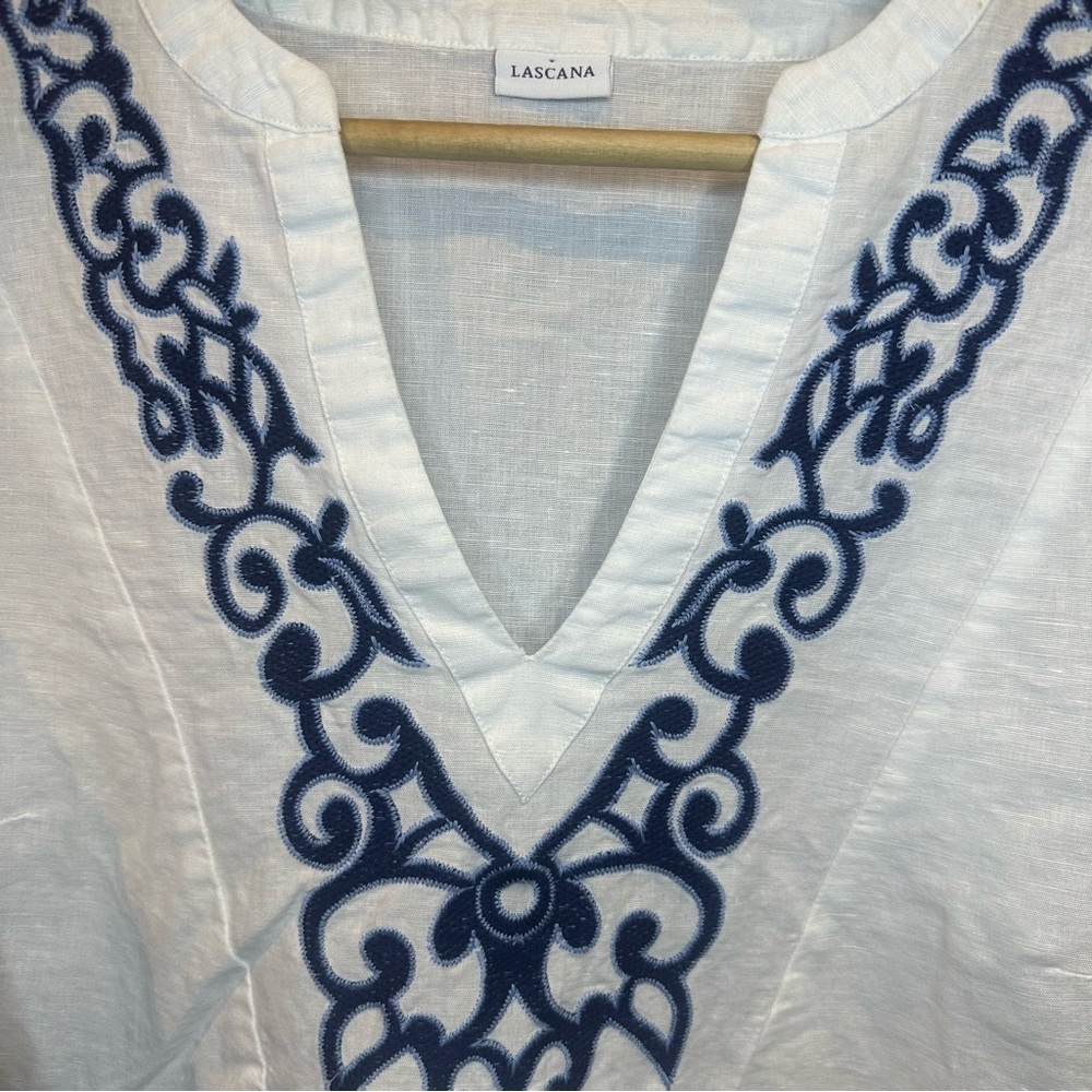 Lascana Linen Blend White Blouse with Navy Embroidery - Picture 2 of 6